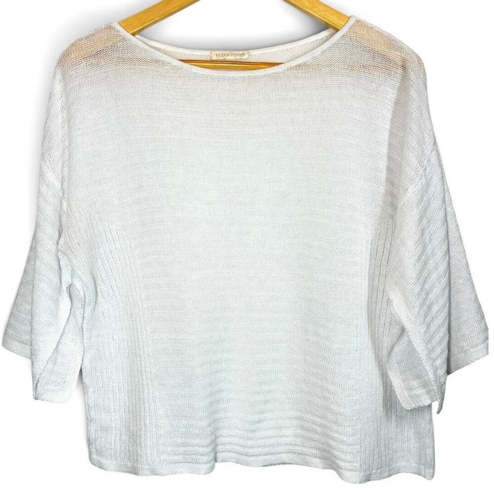 Eileen Fisher Knit Sweater Slit Flutter 3/4 Sleeves White Sz Women